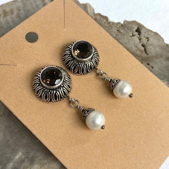 Sterling Silver 925 1.5" Signed Round Smoky Quartz & Pearl Dangle Drop Earrings - Picture 12 of 16